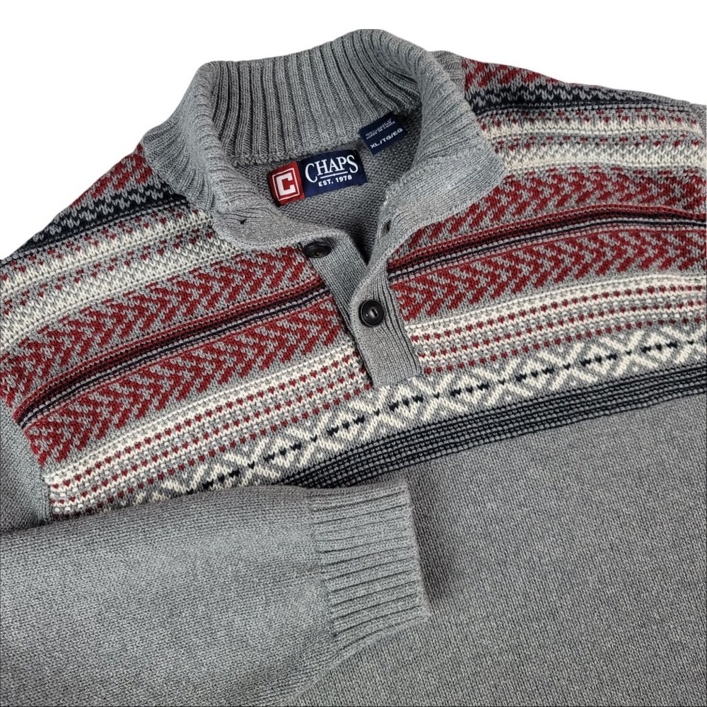CHAPS Men's Sweater Size XL Pullover Button-Up Gray 100% Cotton 3 buttons